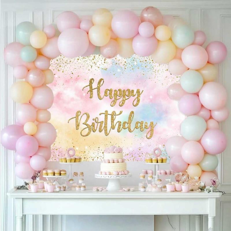 1pc Rainbow Birthday Backdrop Vibrant Pastel Clouds Birthday Party Decor Banner Shimmering Gold Dots Adorn Watercolor Rainbow Bi