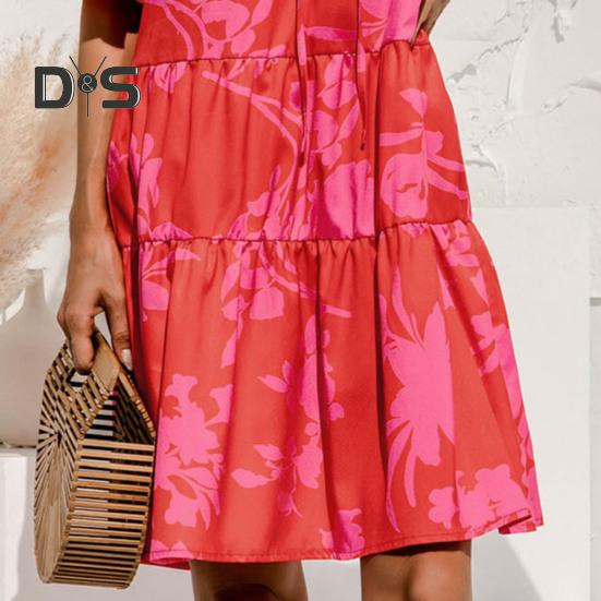 Женское летнее мини-платье с коротким рукавом и V-образным вырезом, плиссированное платье с принтом в стиле бохо, короткое платье-трапеция, пляжный многоярусный струящийся сарафан