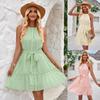 Women Spring Solid Color Sleeveless Halter Dress Summer Casual A-Line High Waist Belt Short Dresses S-XL