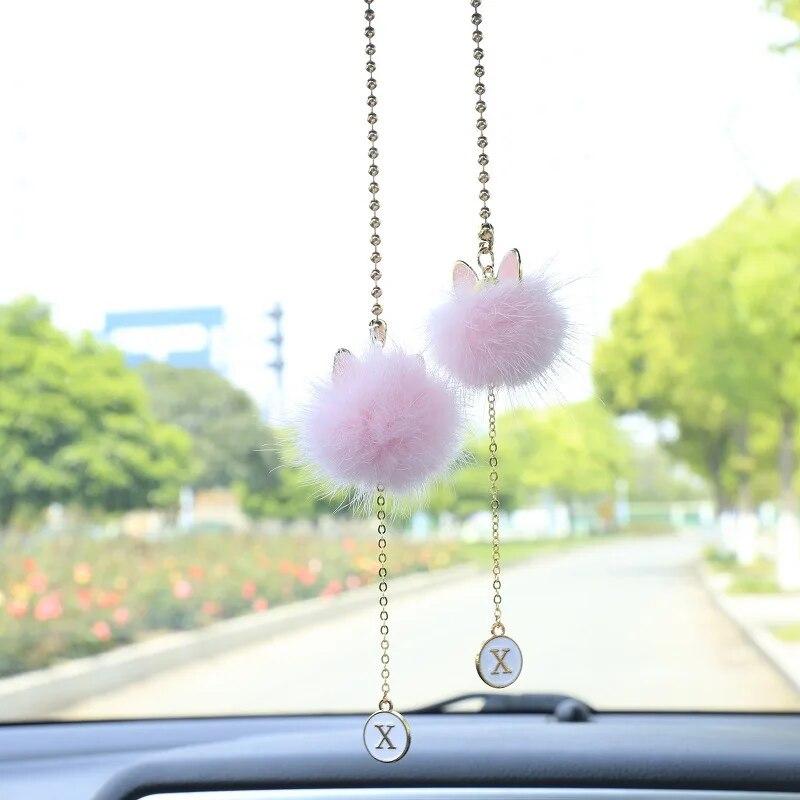 Милый автомобильный кулон, креативный бант с буквами, кошачьи уши, шарик из норки, зеркало заднего вида, интерьер автомобиля, кулон, украшения, автомобильные аксессуары
