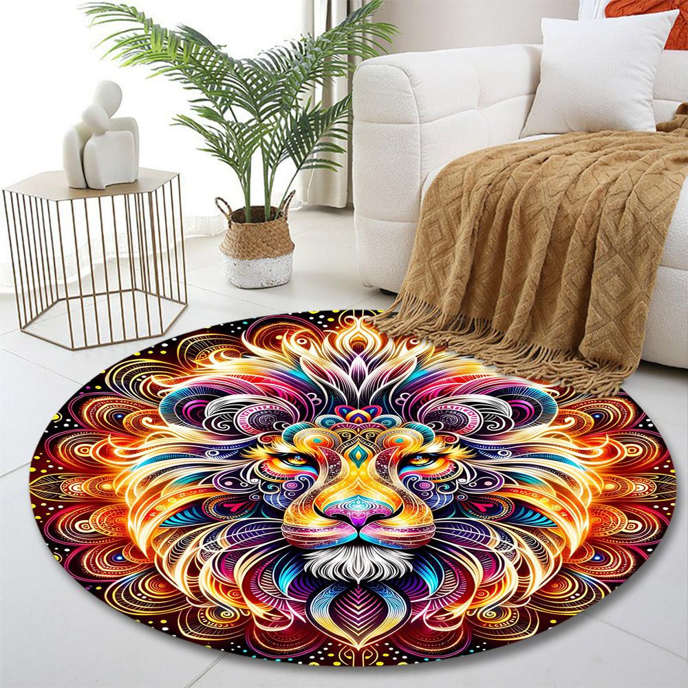 Colorful Lion Mandala Design Print round rug, living room, bedroom, playroom carpet, non slip floor mat, gift