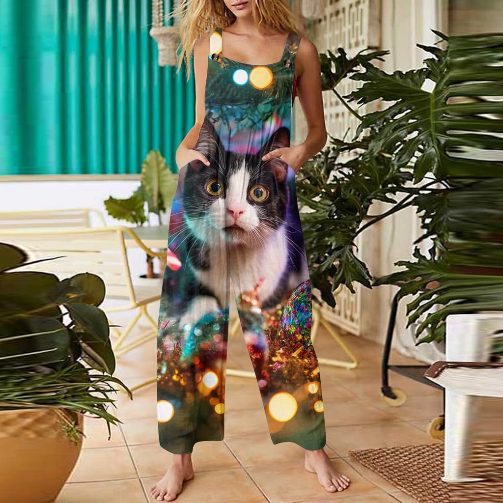 Женский повседневный комбинезон с рождественским принтом, хлопковый комбинезон без рукавов с принтом