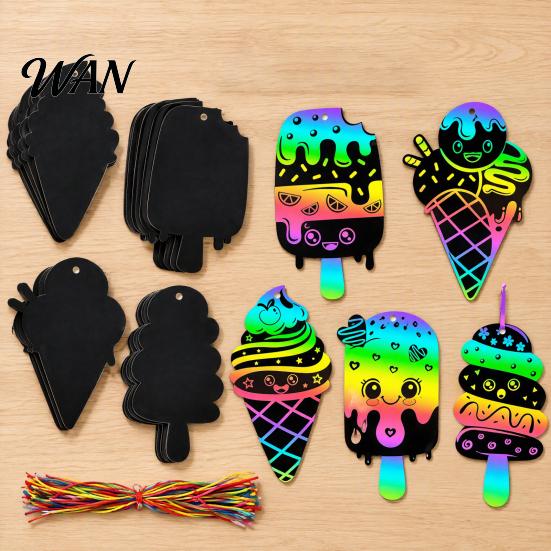 Educational Hands on Toys 12 Pcs Ice Cream Scratch Card, Rainbow Summer Sweet Dessert Card Kit with Kids Craft Activity Sticks And Ribbon, DIY