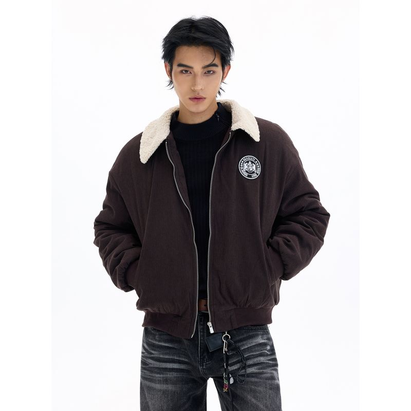 Kisko Winter American-Style Corduroy Warm Fur Collar Brown Cotton Jacket for Men and Women, High-End Loose Padded Coat Trendy