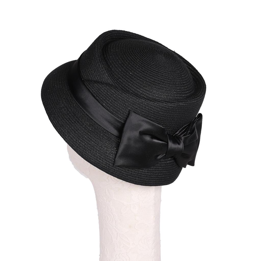 Women’s Vintage Straw Cloche Church Hat with Satin Bow | Elegant Bowler Bucket Hat for Tea Party Wedding Garden Formal Events