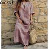 QICED S-5XL Женская одежда весна-лето Большие размеры Женское хлопковое льняное свободное полосатое длинное платье с карманами
