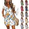 Женские летние платья с V-образным вырезом, коротким рукавом, кулиской, карманом и цветочным принтом, повседневные