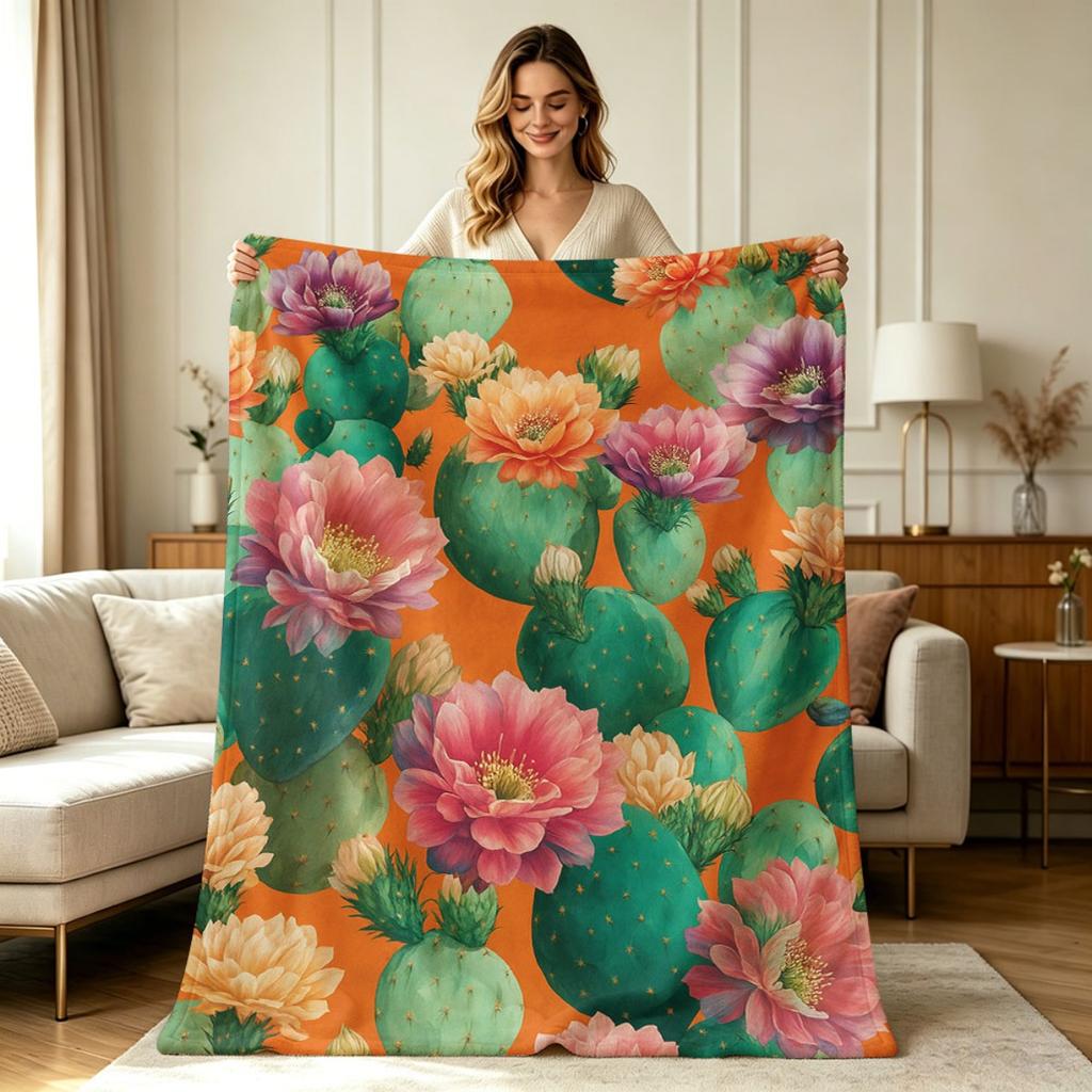 Soft Flannel Throw Blanket with Vintage Cactus Flower Print All Season Warm Cozy Lightweight Blanket for Couch Sofa Chair Bed Office Home Decorative S