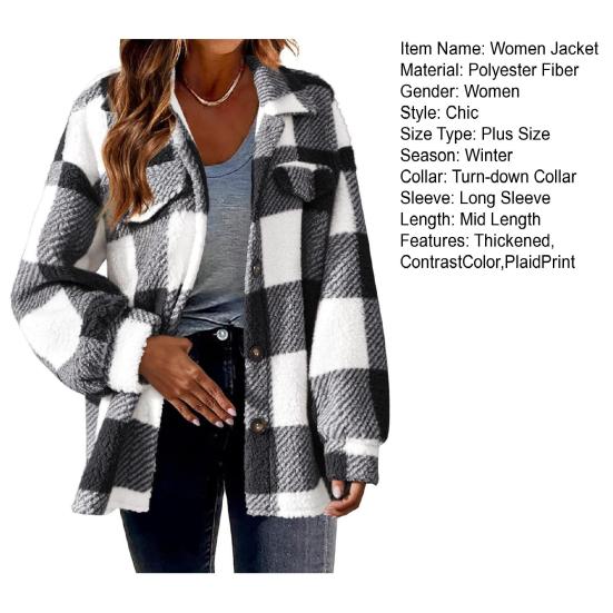 Fall Winter Women Jacket with Fake Pockets Contrast Color Plaid Print Plus Size