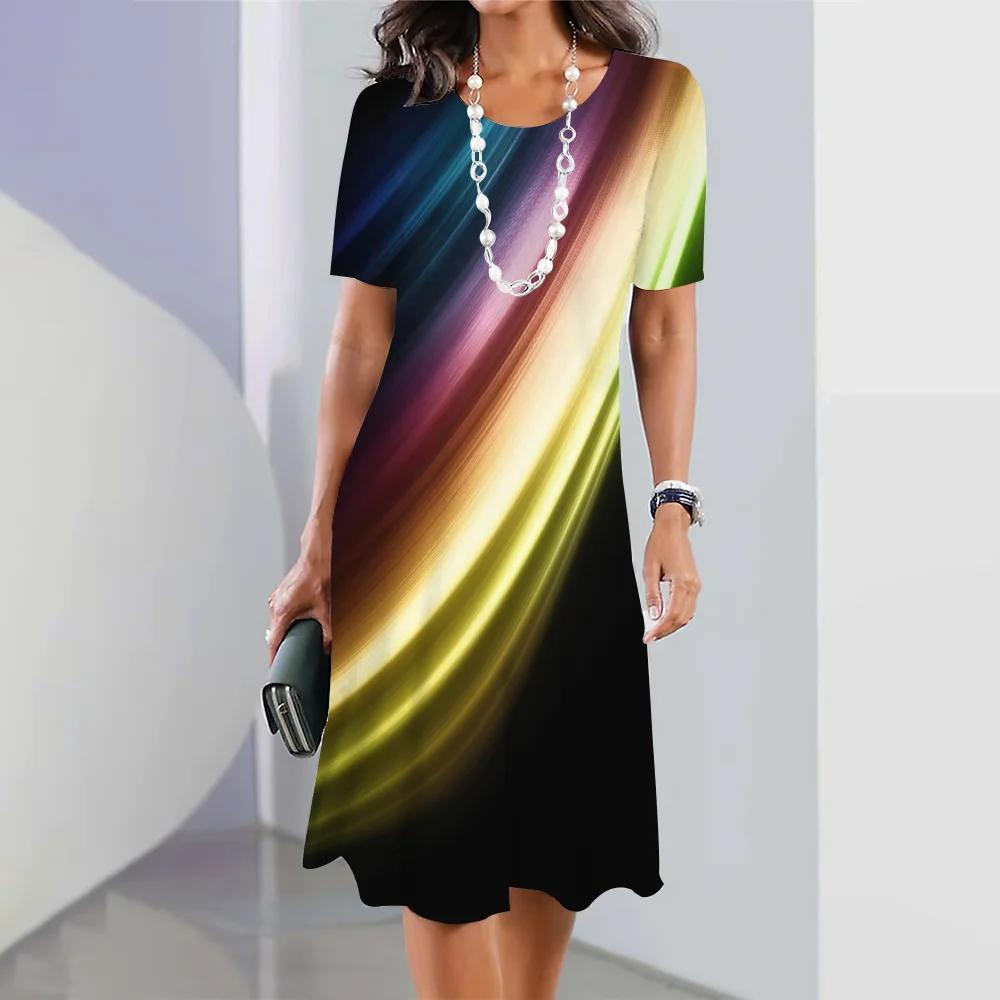 Летняя женская одежда Платья Ретро юбки А-силуэта 3D цветное блокирующее платье Вечеринка Элегантное платье с короткими рукавами Пуловер свободного покроя
