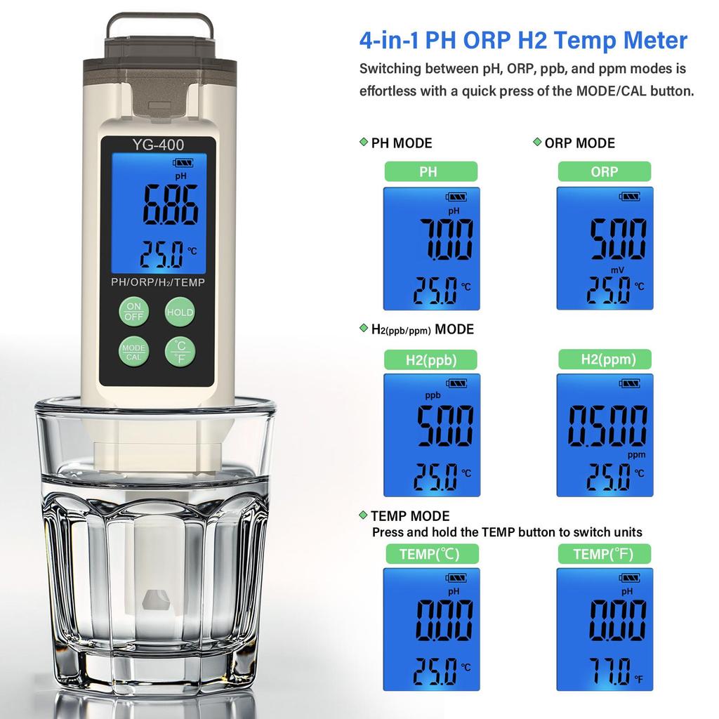 Yieryi 4 In 1 Digital Water Quality Tester PH ORP H2 Temp Meter Reactive Oxygen Analyzer For Hydrogen Water Aquarium Hydroponics Lab