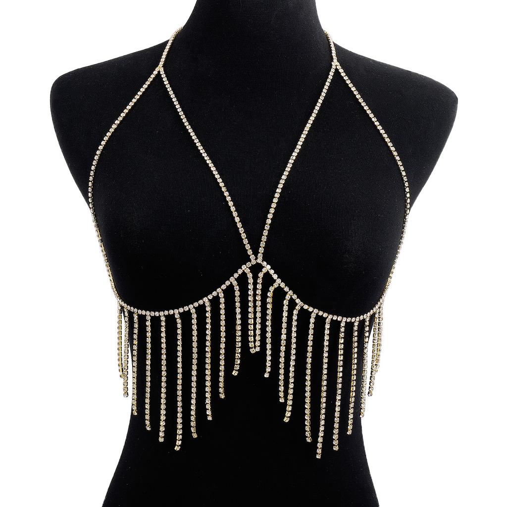 Exaggerated Beach Bikini Sexy Body Chain Fashionable Metal Tassel Diamond Temperament Chest Chain