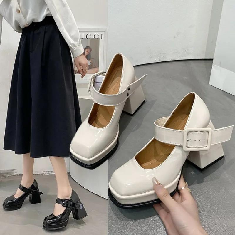 Fashion Shoes for Women 2024 New Mary Jane High Heels Women's Korean Thick Square Head Retro White High Heels Wedding Shoes Bride