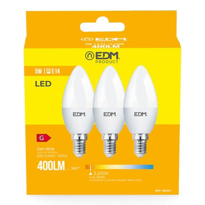 Kit 3 Ampoules Bougie LED E14 – 5W – 400lm – 3200K – Lumière Chaude – 3,6x10cm - 98204