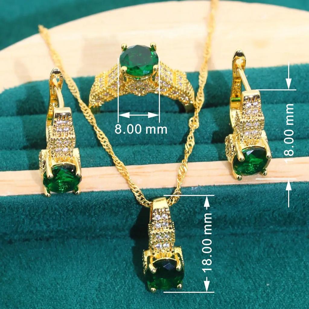 Зеленый циркон золотого цвета Свадебные ювелирные наборы для женщин Серьги для свиданий Ожерелье Кулон Кольцо Браслет Подарки для свиданий