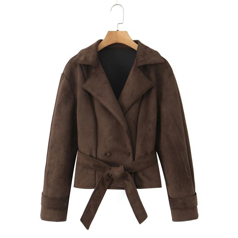 Womens Suede Faux Leather Blazer Jacket With Notched Lapel Double Breasted Long Sleeve 2026 Vintage Chic