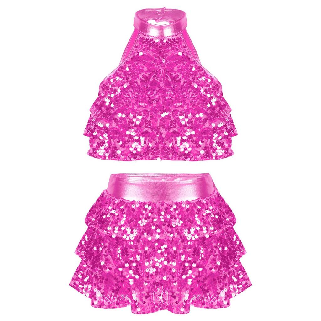 Girls Sparkling Dance Set Sleeveless Round Collar Backless Shiny Sequins Tiered Crop Top Elastic Waist Skirt