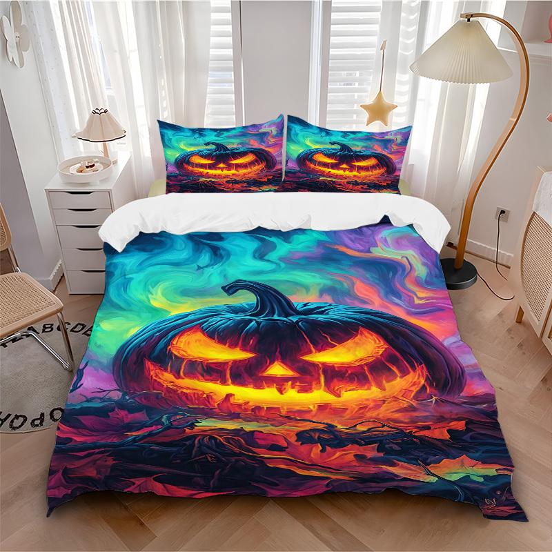 3pc Pumpkin Halloween Cover Set - 1 Quilt Cover + 2 Pillowcases, All Seasons Bedroom Setting, Perfect for Home074