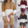 Autumn and Winter Casual Color-block Preppy Lantern-sleeved Sweater Dress for Women