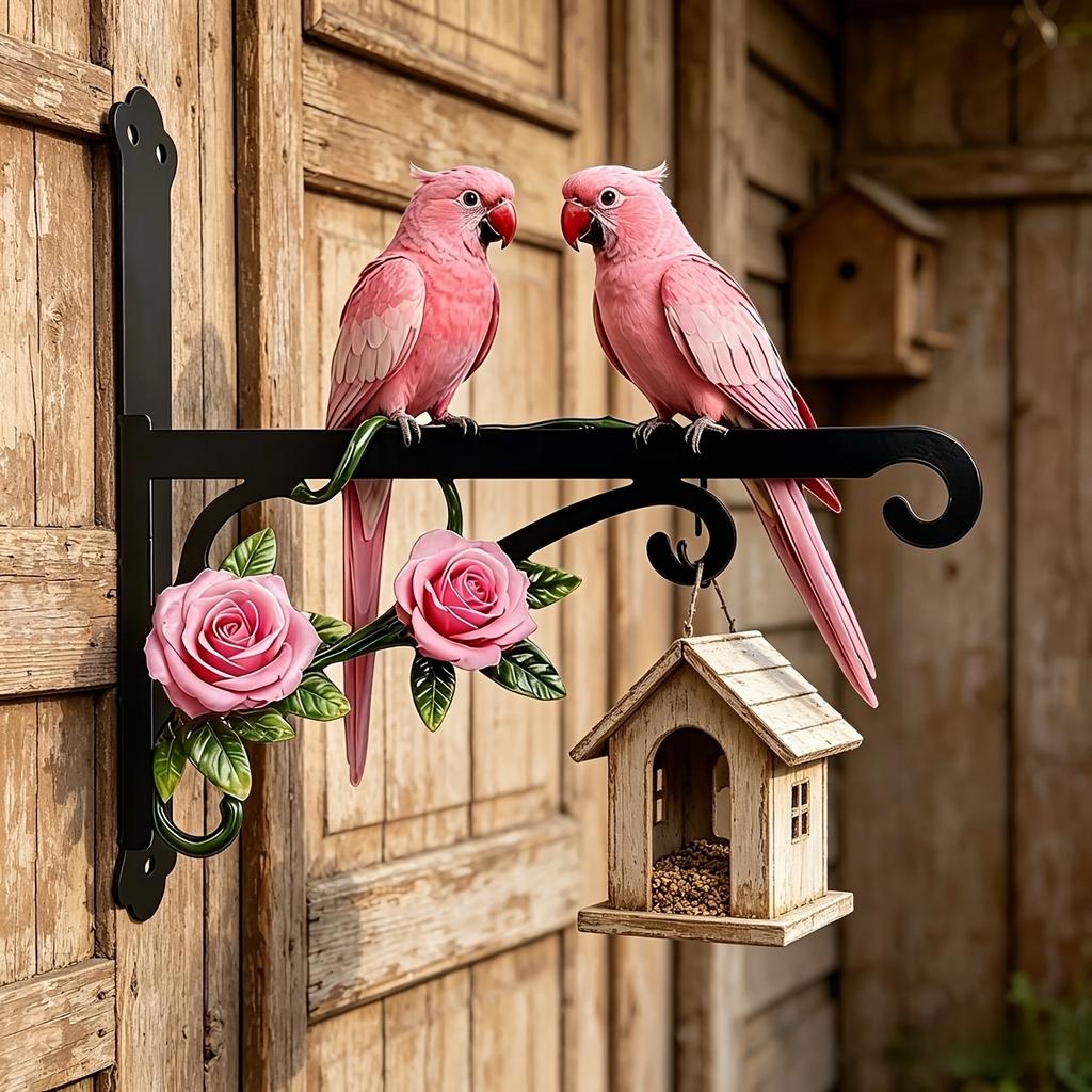 1Pc Metal Pink Wall Outdoor Hanger With Two Parrot Theme Design, Brightly Colored, Rust-Proof And Sun-Resistant, Comes With Mounting Screws, Very