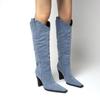 Spring Autumn Women Stretch Denim High Thick Heel Long Boots Lady Knee-high Straight Boots Female Riding Boots Botas De Mujer