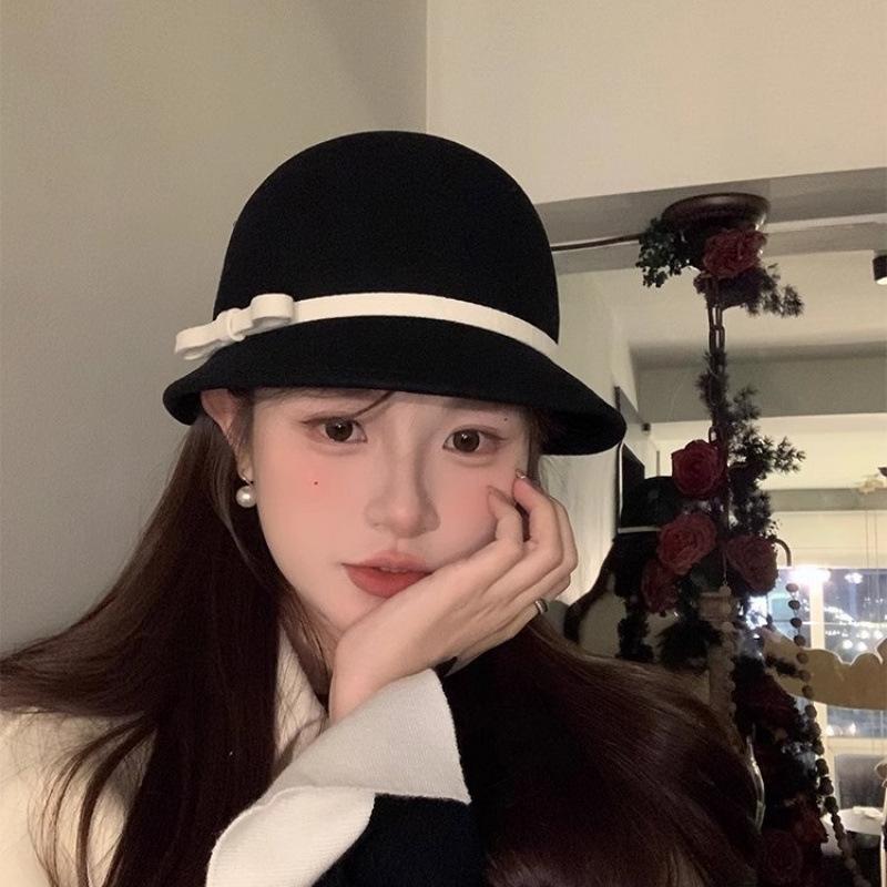 Hepburn wool bucket hat women's autumn and winter French retro small fragrant celebrity top hat versatile bow basin hat