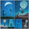 Moon Balloons and Gliders, Retro Wall Art, Oil Paintings, Sweet Lovers Under the Dreamy Starry Sky