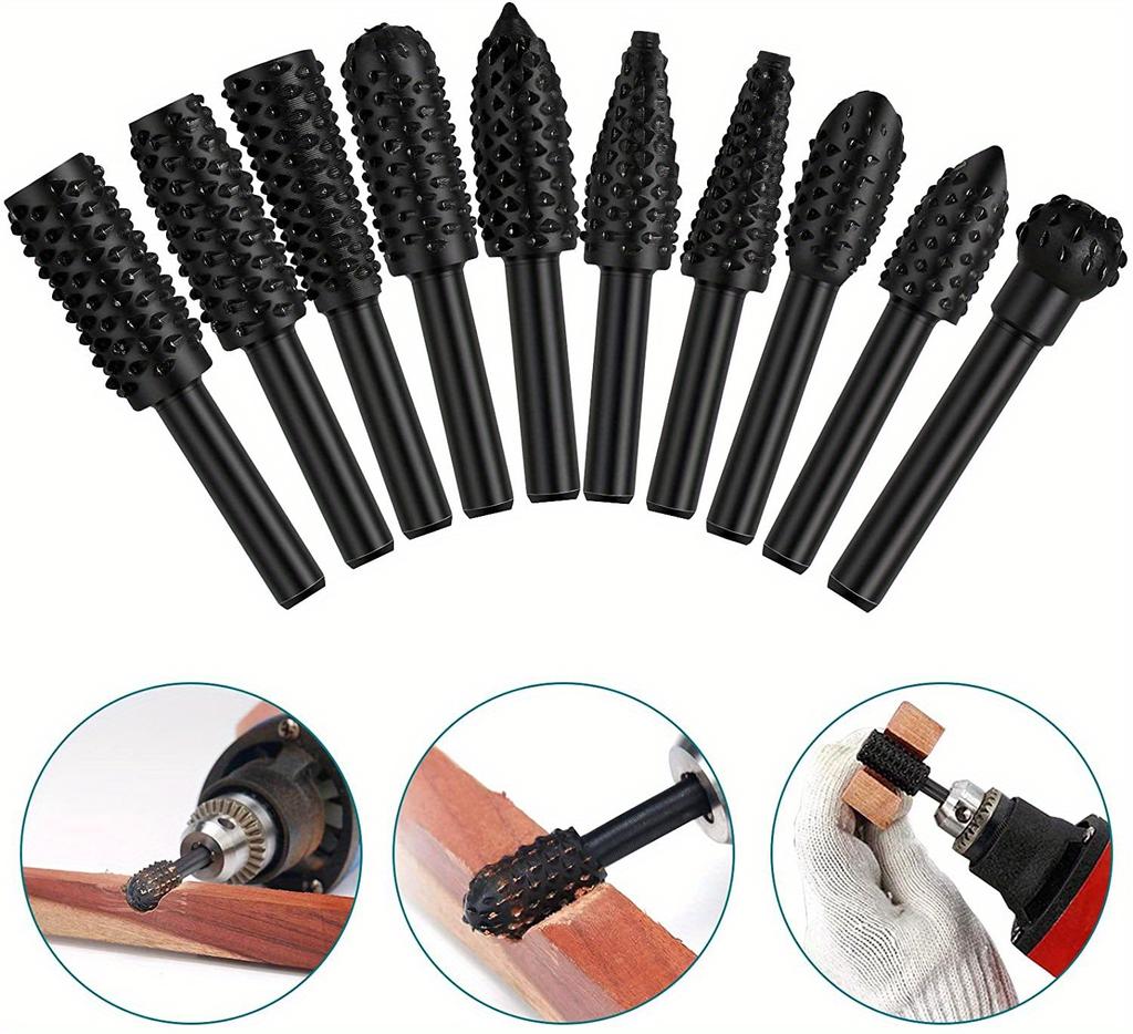 10pcs Wood Carving File Rasp Drill Bit, 1/4" 6mm Rotary Rasp Drill Bit Set, DIY Woodworking Rotating Embossed Chisel Shaped Shank