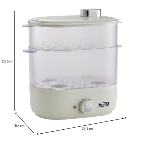 Toffy Compact Food Steamer K-FS1, Steams Food, Healthy, Simultaneous Top and Bottom Cooking, Timer, Cooking Cup, Boiled Eggs, Baby Food, Ash White (K-