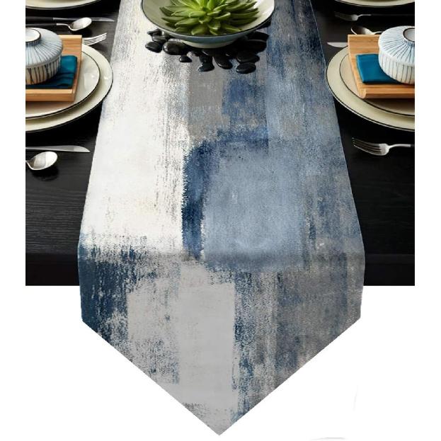 Blue and Grey Table Runner 13x72 Inch Modern Abstract Art Painting Kitchen Dinning Table Decoration for Home Party Décor