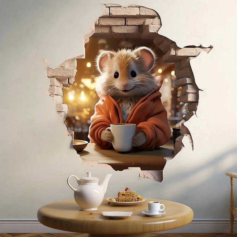 Милая наклейка на стену «Мышиная норка», Наклейка «Мышь-кофеман, перерыв на кофе в норке», Водонепроницаемые декоративные наклейки «Поющая мышь» M734