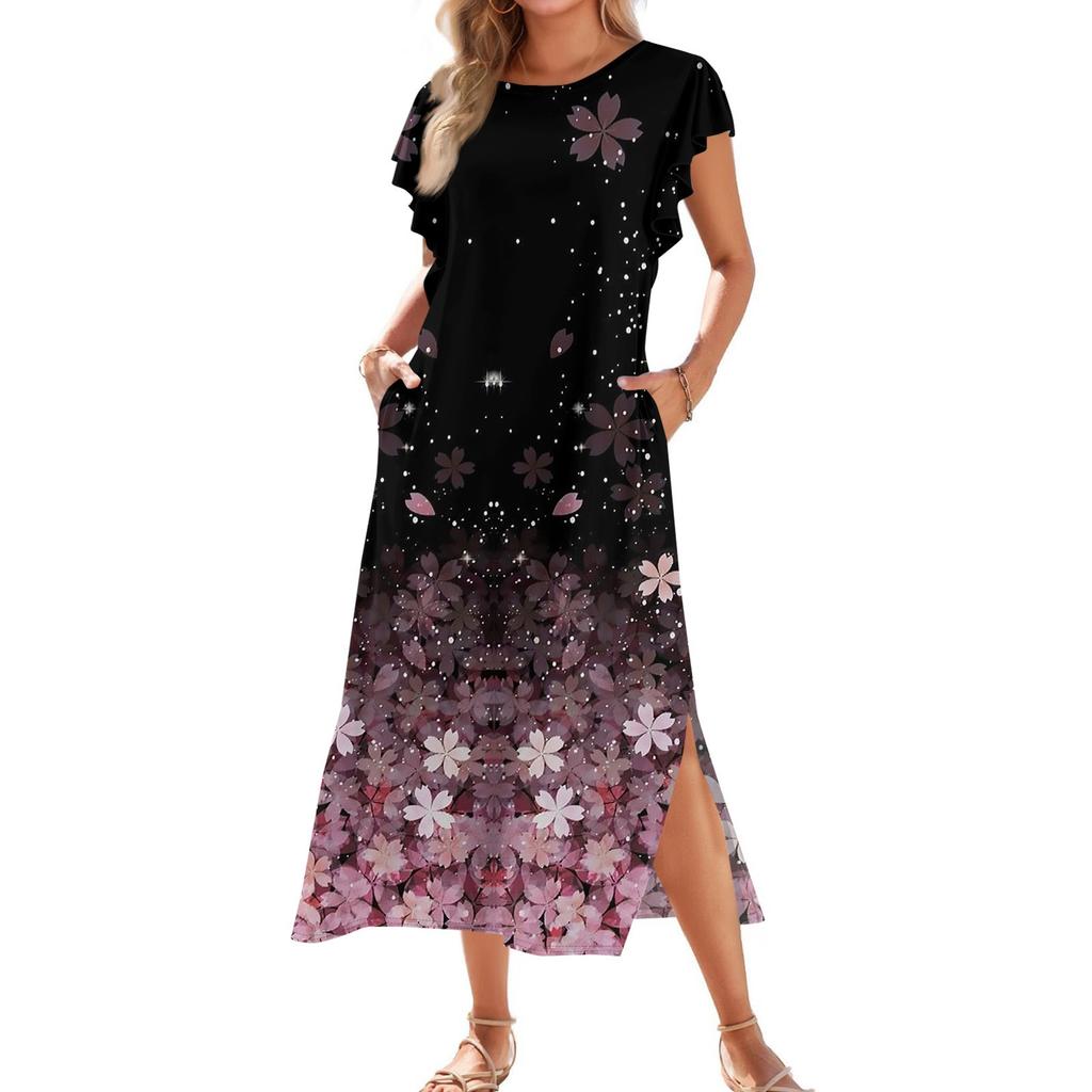 Женское модное летнее повседневное пляжное платье с плиссированными рукавами, свободным ретро-цветочным принтом, короткими рукавами, круглым завязкой и карманом