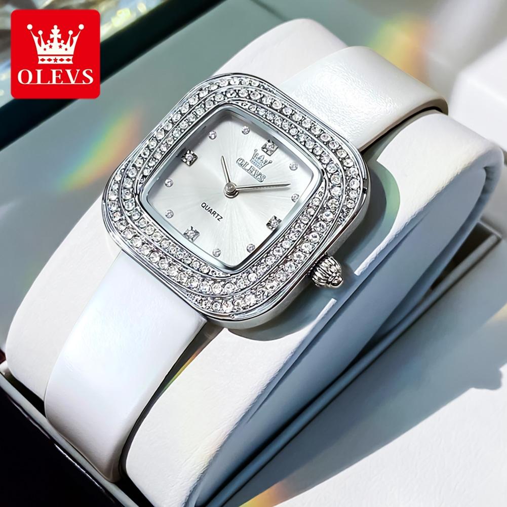 OLEVS 5512 Luxury Elegant Women’s Quartz Wristwatch Diamond Bezel Square Waterproof Leather Strap Original Watch for Lady