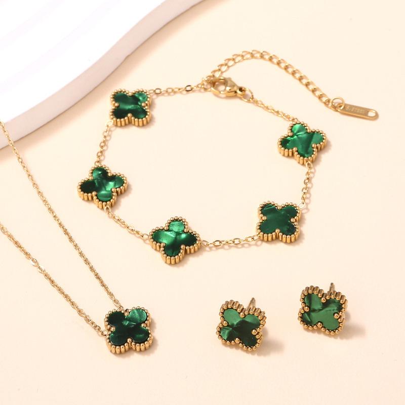 3PCS Double-sided Clover Jewelry Necklace Bracelet Earring Set