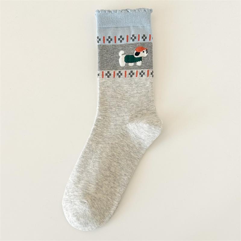 Puppy Boneless Socks Medium Tube Socks Cartoon Dog Cute Medium Tube Female Black