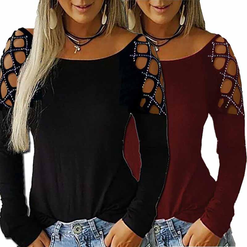 Хлопковая футболка с длинным рукавом с вырезанным узором и сверкающими деталями для женщин