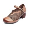 Retro Summer Women's Shoes Leather Shoes High Heeled Sandals Head Cowhide Hollow Out Breathable Cave Shoes