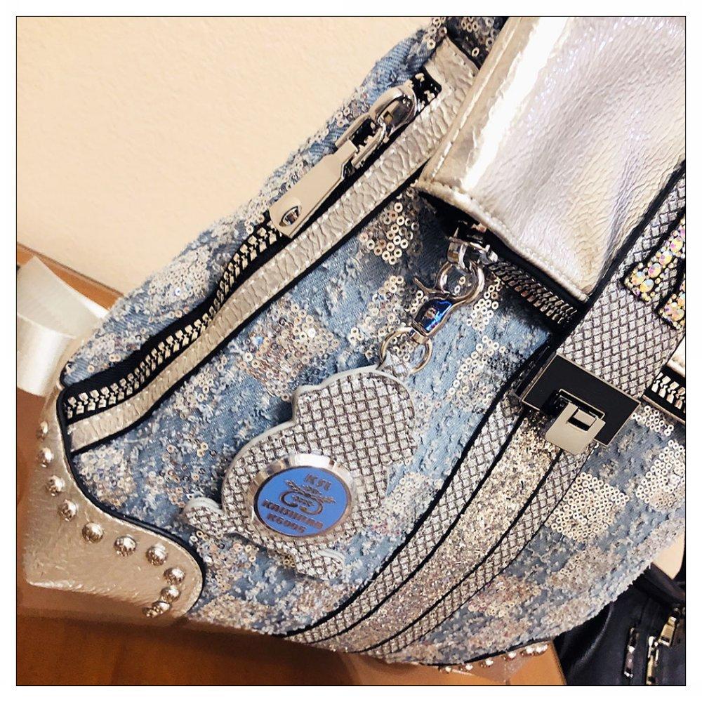 Denim Sequin Checkered Backpack, Crossbody Bag, Women's Bag, Multi-purpose Single Shoulder Fashionable and Personalized Backpack