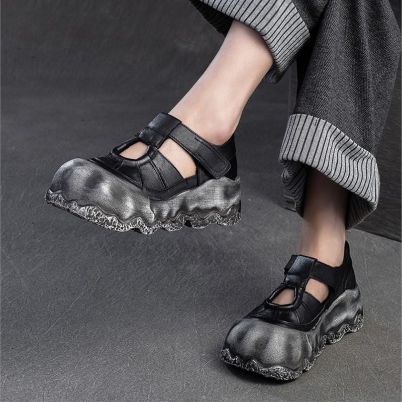 Johnature Thick Soled Retro Anti Slip Women's Flat Shoes Genuine Leather Versatile Roman Sandals