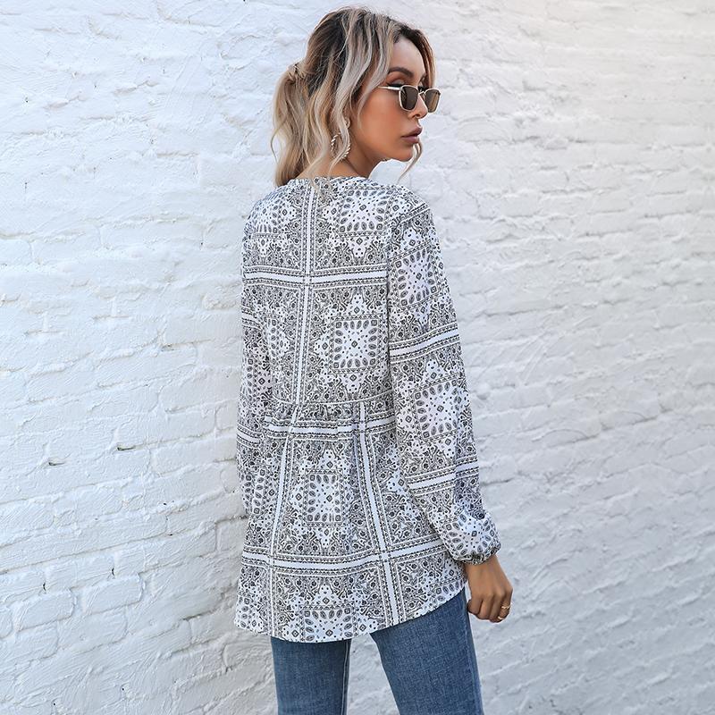 YYFS Женские винтажные повседневные блузки и рубашки с v-образным вырезом и длинными рукавами в богемном стиле