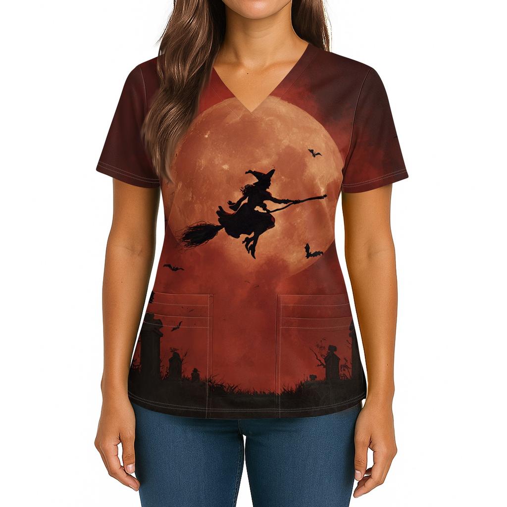 Женский Хэллоуинский Принт V-образный вырез Двойной карман Короткий рукав Разрез по подолу Топ для униформы/сиделки