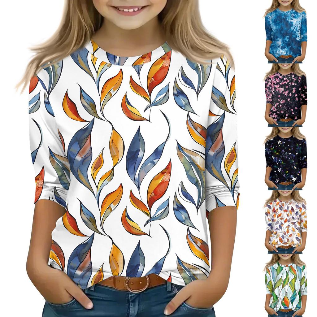 Детская футболка с рукавом 3/4, повседневная футболка с принтом, круглый вырез, блузка-пуловер