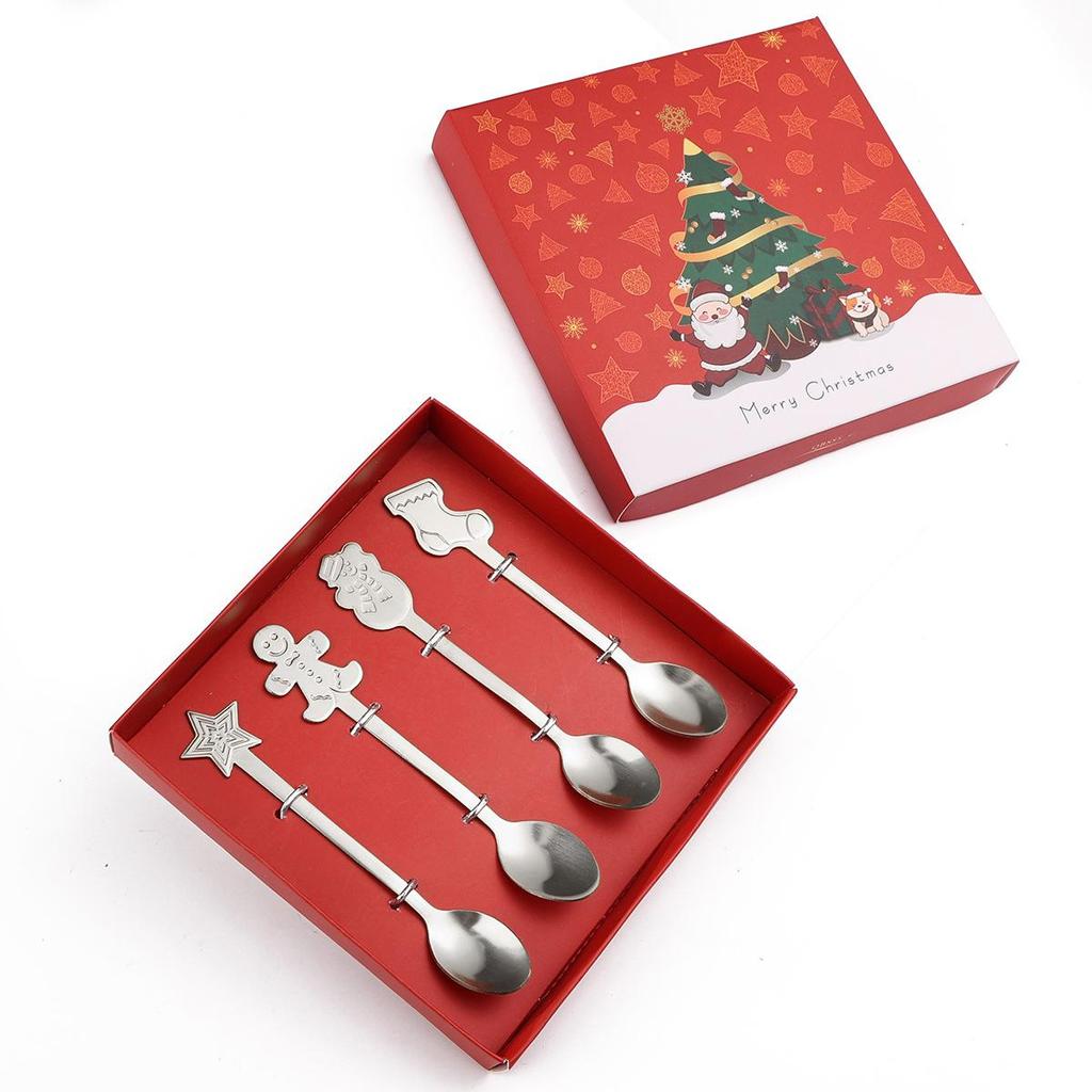 Christmas Flatware Sets with Gift Case,Coffee,Dessert , Cutlery Lunch Tableware,2 / 4 PC Fork Spoon, Christmas Gifts