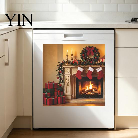 Rental Friendly Wall Sticker Fireplace Flame Decal, PVC Removable Christmas Sticker, Waterproof Decal Oil Proof Decorative Mural for Kitchen