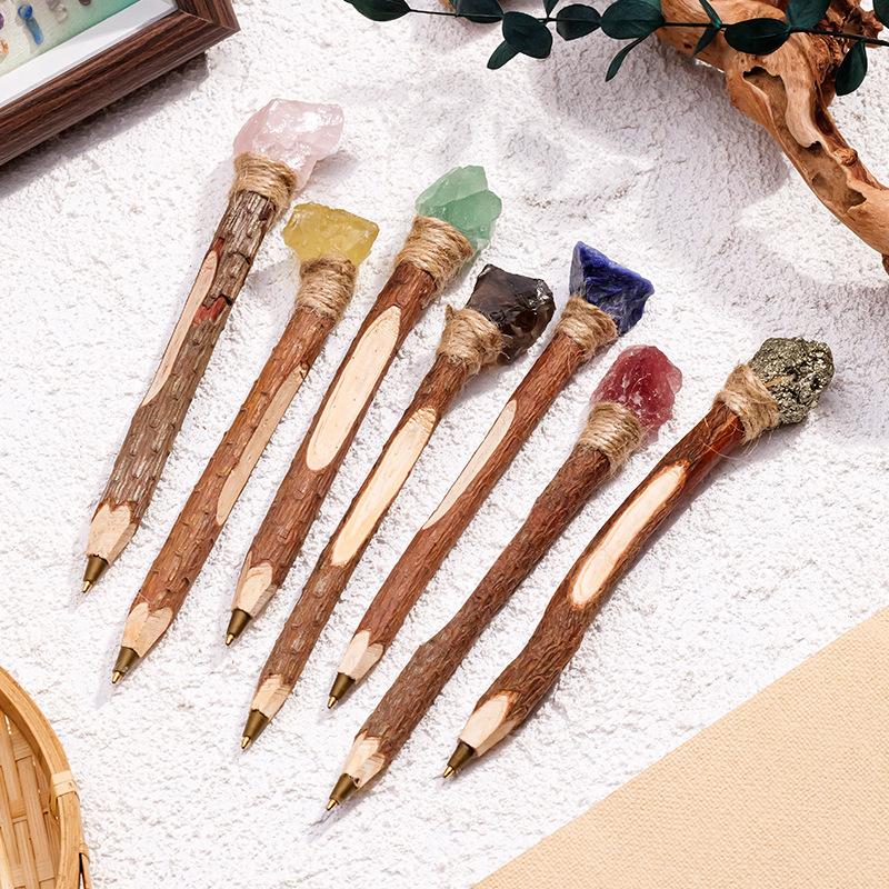 Custom Logo Natural Crystal Rough Stone Ballpoint Pen Solid Wood Barrel Retro Feng Shui Scepter Style Gift Office