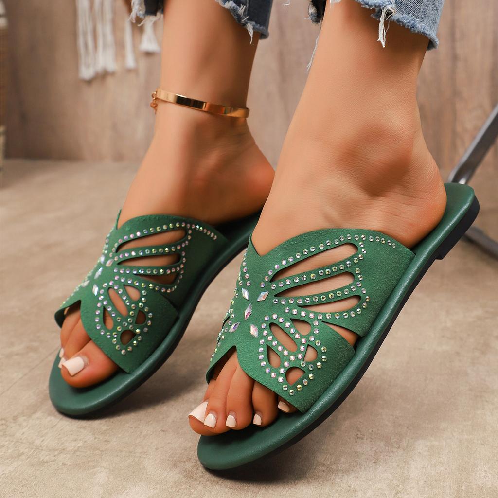 Fashion Women Slippers Rhinestone Butterfly Hollow Flat Shoes Ladies Fashion Beach Sandals Plus Size Solid Color Slippers Slides Women