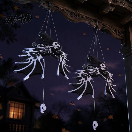 Black White Festival Ornaments 2 Pcs Pull-to-Move Winged Skeleton Halloween Decoration, Plastic Wind Spinner Dynamic Skull Pendant with Movable Joints