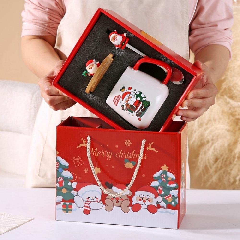 New Merry Christmas Mug Gift Box Ceramic Red Green Cup Spoon Set Party Accessories Wooden Lids Coffee Cup Teaspoon Home Use