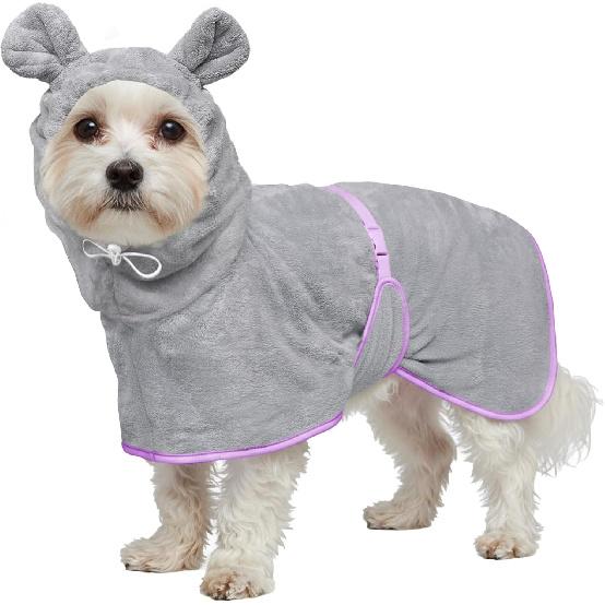 Dog Bathrobe Super Absorbent Towel Robe - Microfiber Bath Towels Fast Drying Coat for Dogs, Cute Dogs Clothes Adjustable Collar & Belly Strap Warm