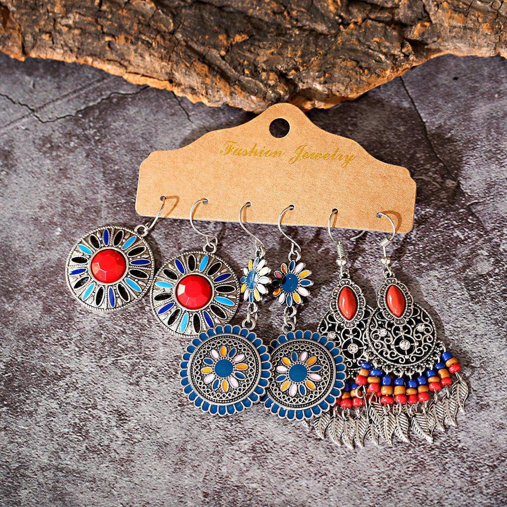 Bohemian Ethnic Retro Earring Set: 3-Piece Hanfu & Nepal Style for Women